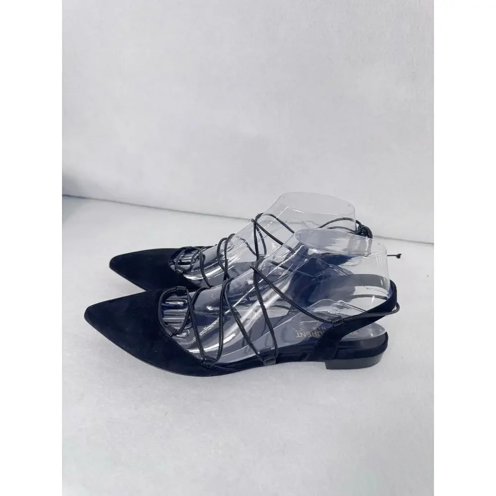 Saint Laurent Black Suede Lace Up Gladiator Pointed Toe Ballet Flats EU 37.5 YSL